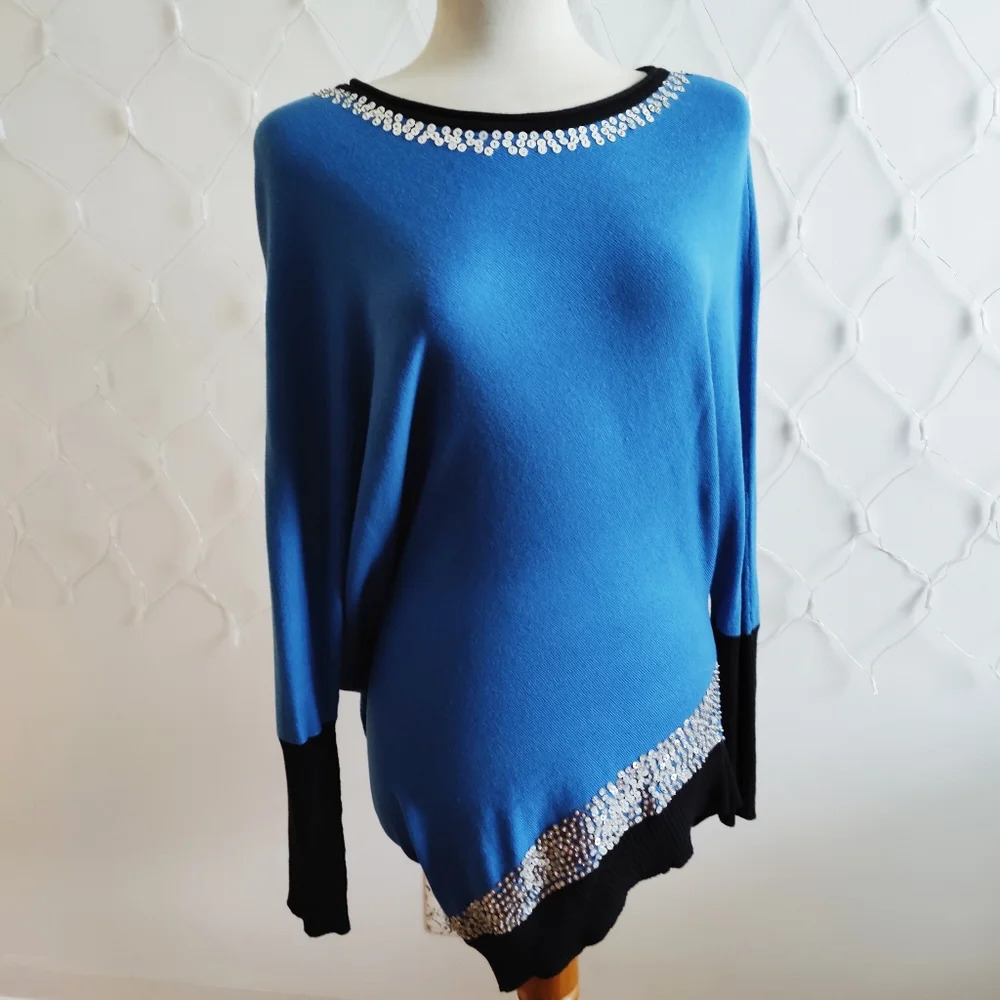 Countess Luann Asymmetrical Sweater • Blue, Black w/ Silver Sequins • Size Small